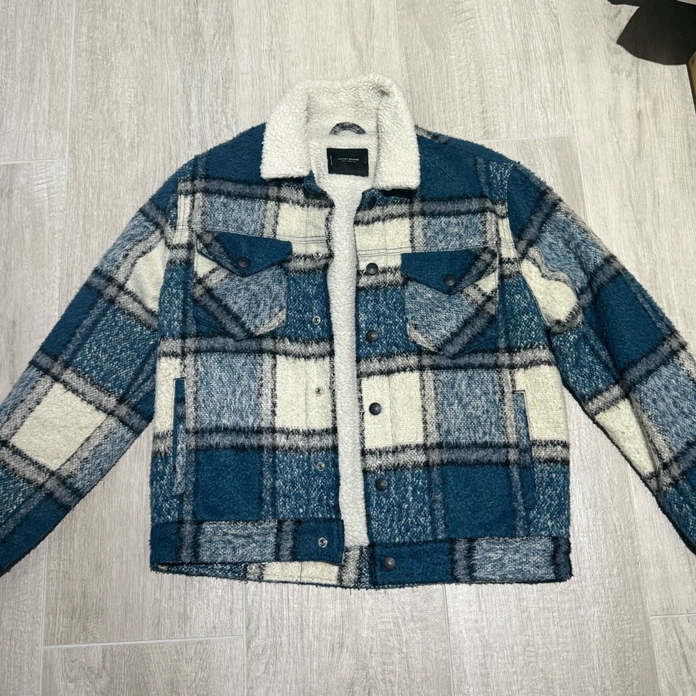 Lucky Brand Blue and Cream Plaid Sherpa Jacket men’s size small